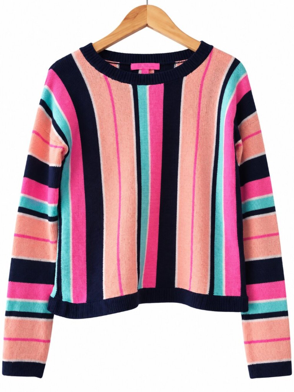 Lilly Pulitzer Multicolor Striped Knit Crewneck Sweater Pink Aqua Preppy S